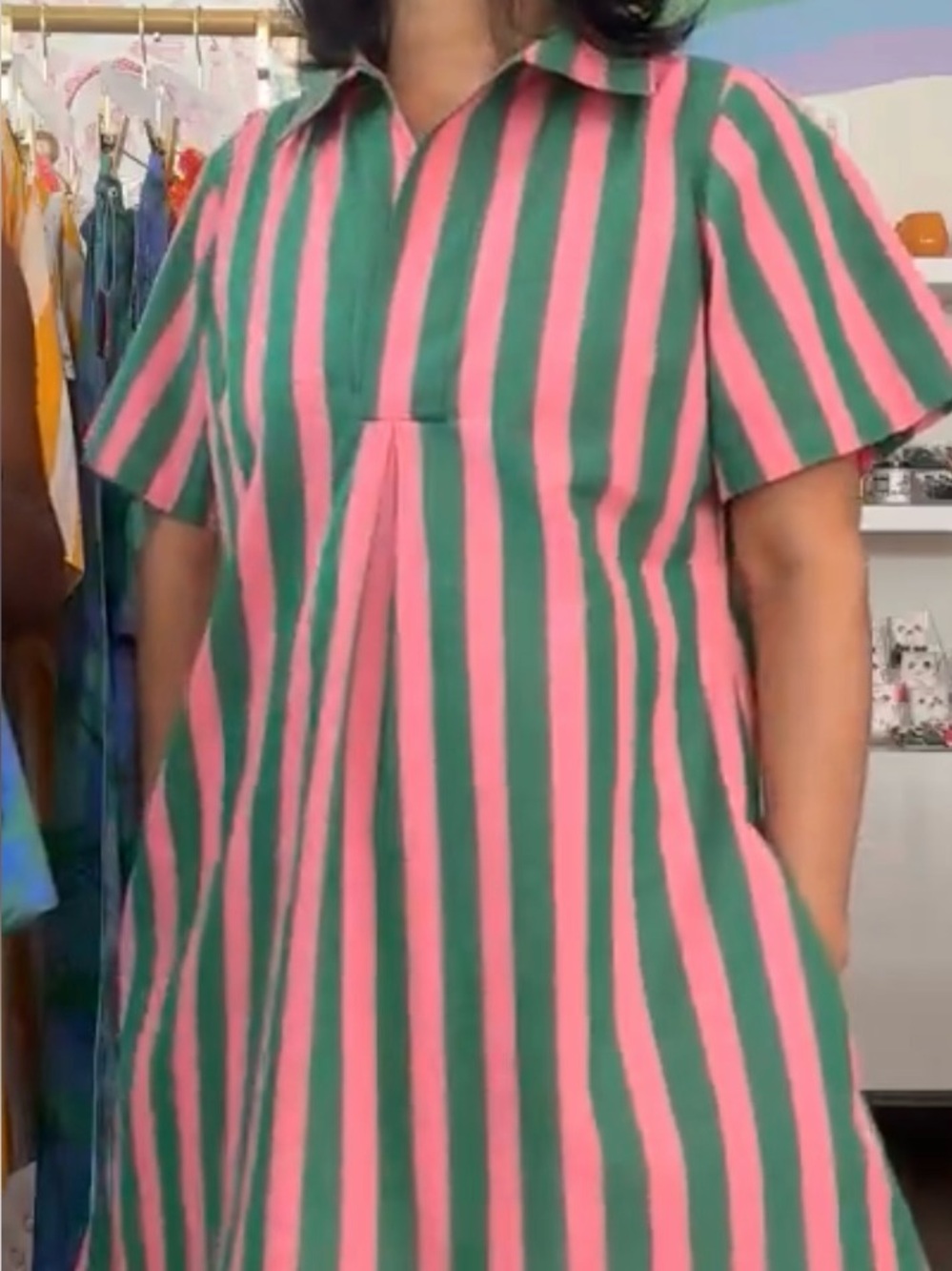 Tiny Tassel Pink and Green Vertical Stripe Short Sleeve Dress